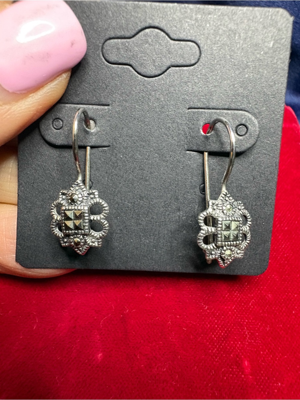 Earrings Vintage 925 Sterling Silver Marcasite Drop Feminine Ornate - Picture 6 of 7